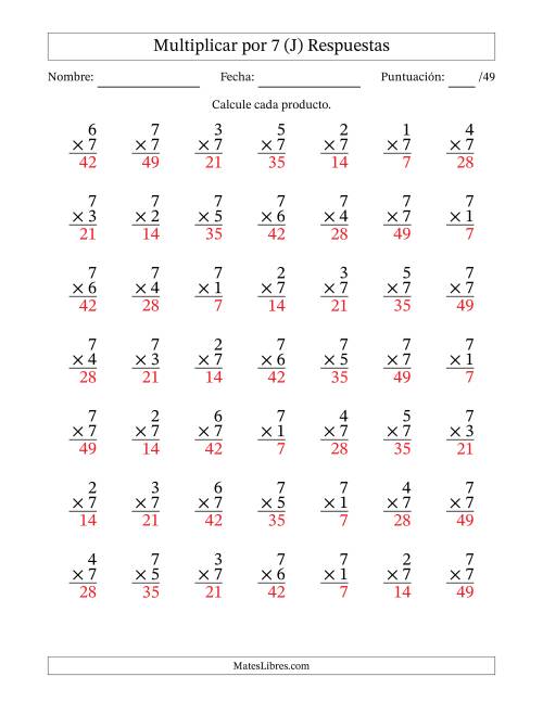La hoja de ejercicios de Multiplicar (Factores de 1 a 7) por 7 (49 Preguntas) (J) Página 2
