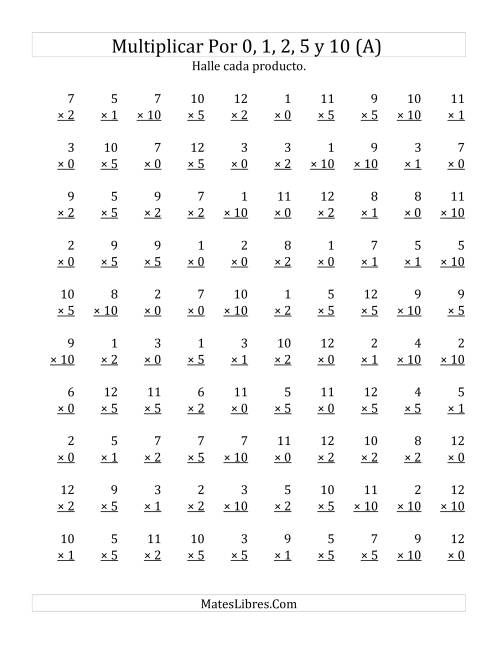 La hoja de ejercicios de Multiplicar de 1 a 12 por 1, 2, 5 y 10 (Todas)