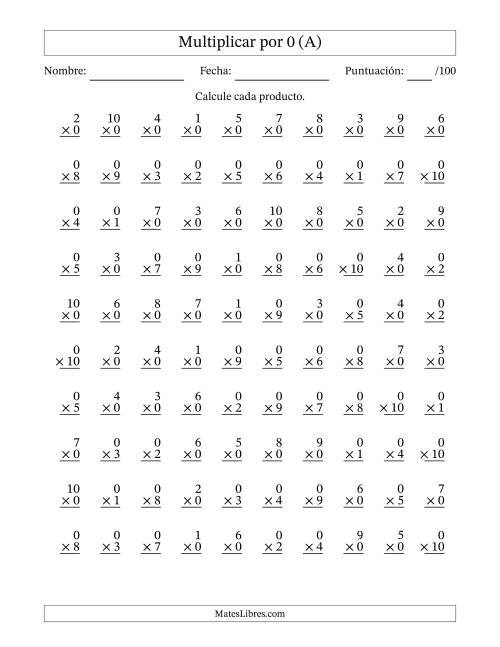 La hoja de ejercicios de Multiplicar (Factores de 1 a 10) por 0 (100 Preguntas) (A)