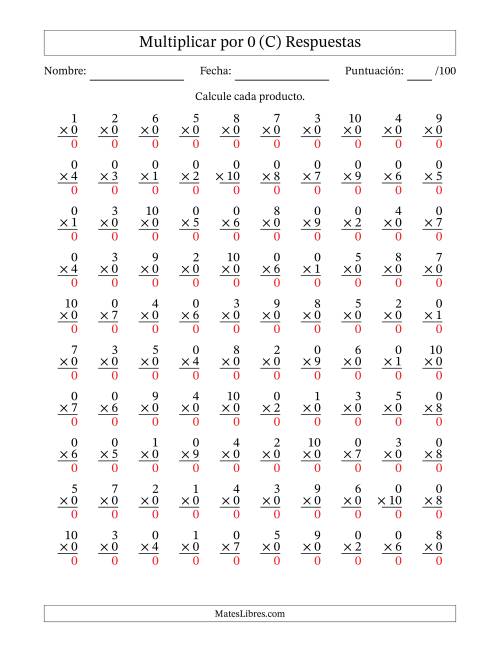 La hoja de ejercicios de Multiplicar (Factores de 1 a 10) por 0 (100 Preguntas) (C) Página 2