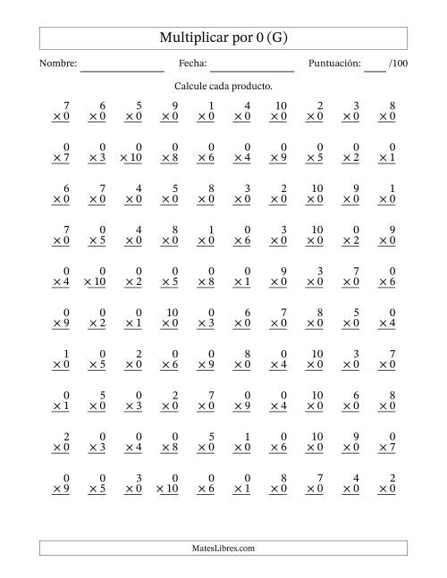 La hoja de ejercicios de Multiplicar (Factores de 1 a 10) por 0 (100 Preguntas) (G)