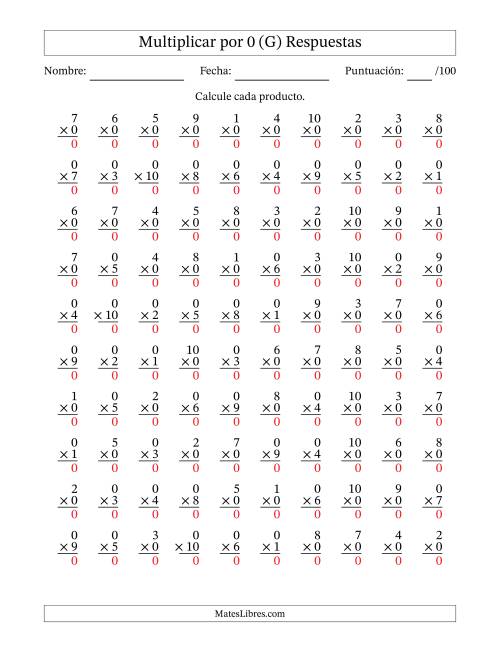 La hoja de ejercicios de Multiplicar (Factores de 1 a 10) por 0 (100 Preguntas) (G) Página 2