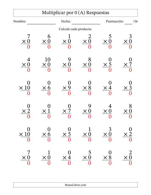 La hoja de ejercicios de Multiplicar (Factores de 1 a 10) por 0 (36 Preguntas) (A) Página 2