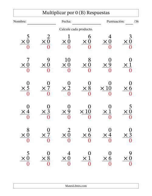 La hoja de ejercicios de Multiplicar (Factores de 1 a 10) por 0 (36 Preguntas) (B) Página 2