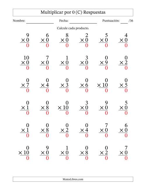 La hoja de ejercicios de Multiplicar (Factores de 1 a 10) por 0 (36 Preguntas) (C) Página 2