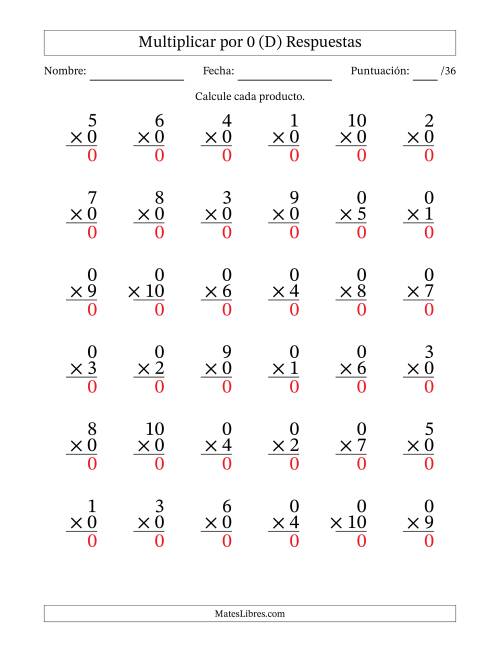 La hoja de ejercicios de Multiplicar (Factores de 1 a 10) por 0 (36 Preguntas) (D) Página 2