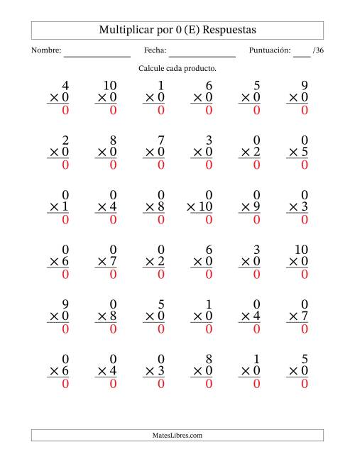 La hoja de ejercicios de Multiplicar (Factores de 1 a 10) por 0 (36 Preguntas) (E) Página 2