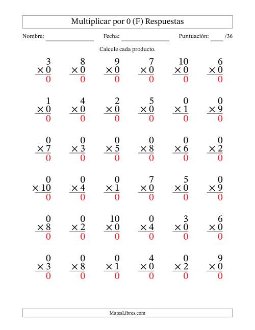 La hoja de ejercicios de Multiplicar (Factores de 1 a 10) por 0 (36 Preguntas) (F) Página 2