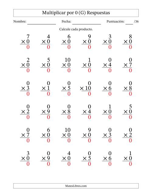La hoja de ejercicios de Multiplicar (Factores de 1 a 10) por 0 (36 Preguntas) (G) Página 2