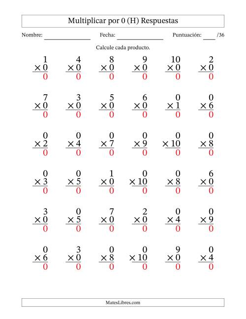 La hoja de ejercicios de Multiplicar (Factores de 1 a 10) por 0 (36 Preguntas) (H) Página 2