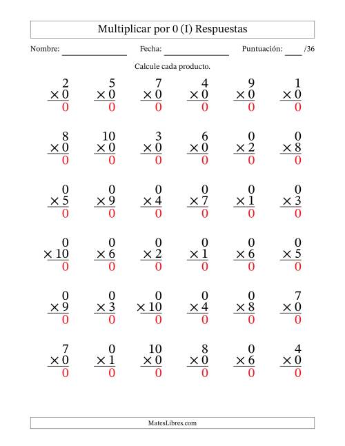La hoja de ejercicios de Multiplicar (Factores de 1 a 10) por 0 (36 Preguntas) (I) Página 2