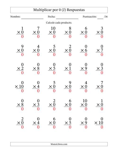 La hoja de ejercicios de Multiplicar (Factores de 1 a 10) por 0 (36 Preguntas) (J) Página 2