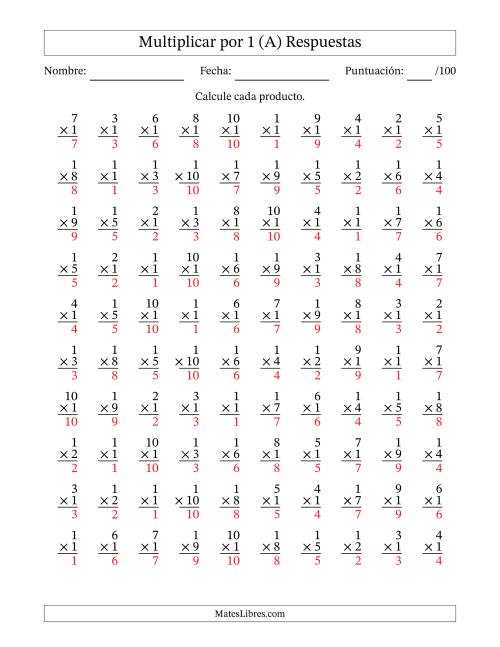 La hoja de ejercicios de Multiplicar (Factores de 1 a 10) por 1 (100 Preguntas) (A) Página 2