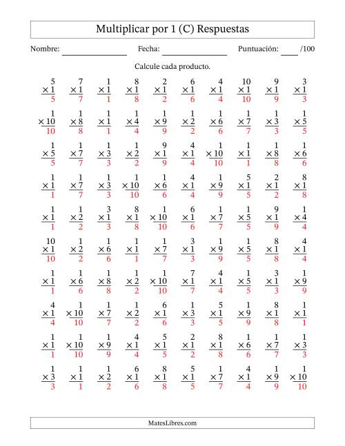 La hoja de ejercicios de Multiplicar (Factores de 1 a 10) por 1 (100 Preguntas) (C) Página 2
