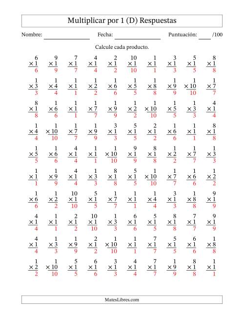 La hoja de ejercicios de Multiplicar (Factores de 1 a 10) por 1 (100 Preguntas) (D) Página 2