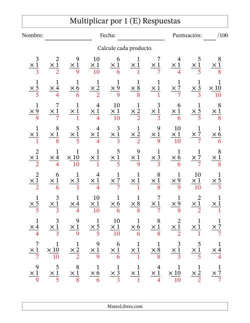 La hoja de ejercicios de Multiplicar (Factores de 1 a 10) por 1 (100 Preguntas) (E) Página 2