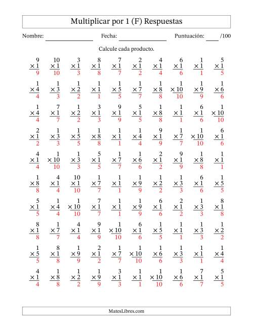 La hoja de ejercicios de Multiplicar (Factores de 1 a 10) por 1 (100 Preguntas) (F) Página 2