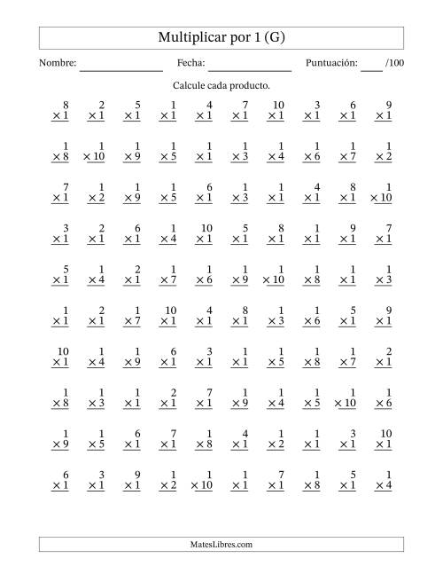 La hoja de ejercicios de Multiplicar (Factores de 1 a 10) por 1 (100 Preguntas) (G)