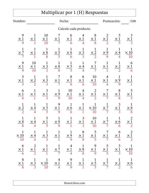 La hoja de ejercicios de Multiplicar (Factores de 1 a 10) por 1 (100 Preguntas) (H) Página 2