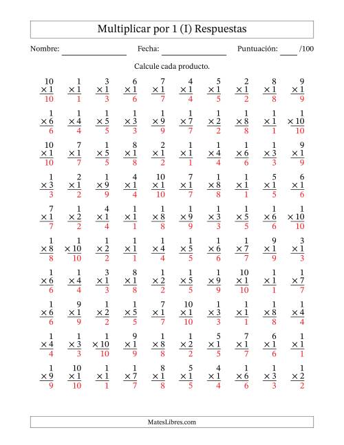 La hoja de ejercicios de Multiplicar (Factores de 1 a 10) por 1 (100 Preguntas) (I) Página 2