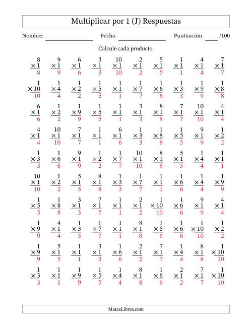 La hoja de ejercicios de Multiplicar (Factores de 1 a 10) por 1 (100 Preguntas) (J) Página 2