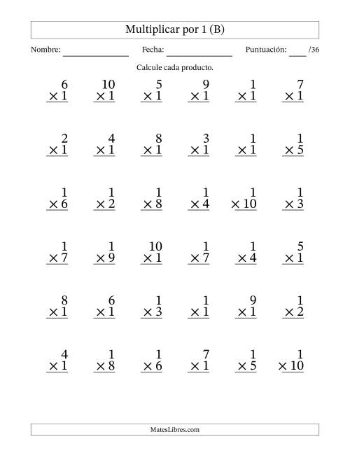 La hoja de ejercicios de Multiplicar (Factores de 1 a 10) por 1 (36 Preguntas) (B)
