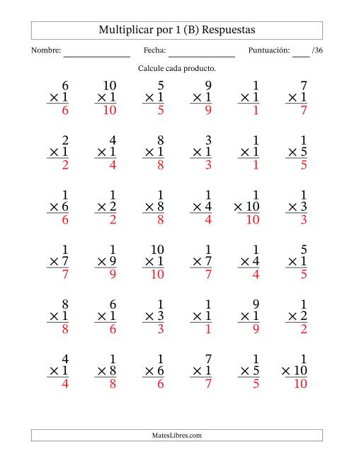 La hoja de ejercicios de Multiplicar (Factores de 1 a 10) por 1 (36 Preguntas) (B) Página 2