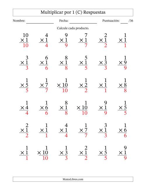 La hoja de ejercicios de Multiplicar (Factores de 1 a 10) por 1 (36 Preguntas) (C) Página 2