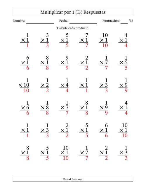 La hoja de ejercicios de Multiplicar (Factores de 1 a 10) por 1 (36 Preguntas) (D) Página 2