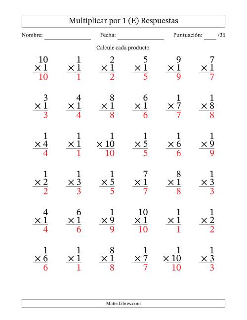 La hoja de ejercicios de Multiplicar (Factores de 1 a 10) por 1 (36 Preguntas) (E) Página 2