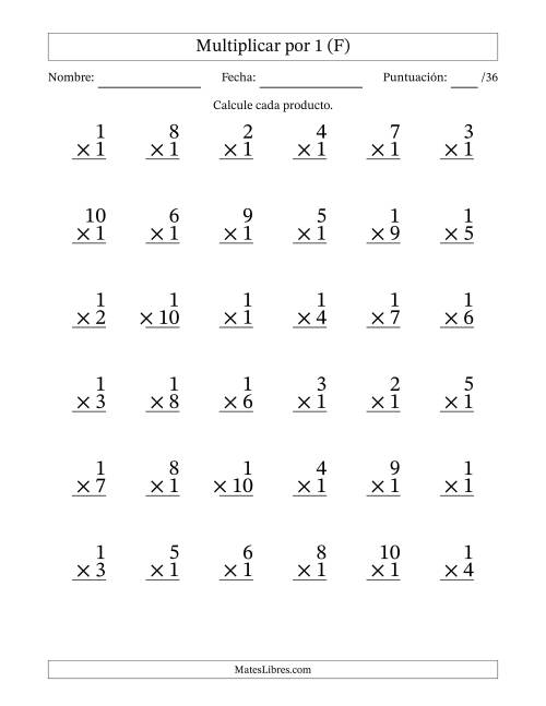 La hoja de ejercicios de Multiplicar (Factores de 1 a 10) por 1 (36 Preguntas) (F)