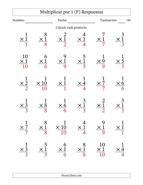 La hoja de ejercicios de Multiplicar (Factores de 1 a 10) por 1 (36 Preguntas) (F) Página 2