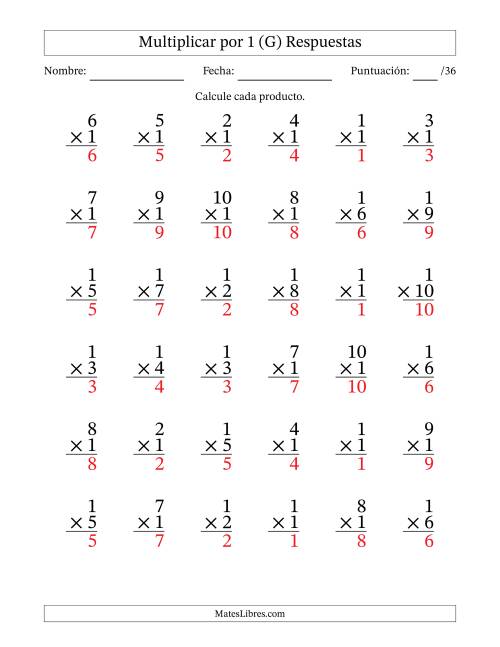 La hoja de ejercicios de Multiplicar (Factores de 1 a 10) por 1 (36 Preguntas) (G) Página 2