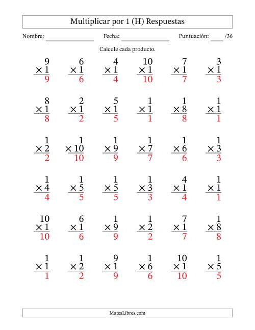 La hoja de ejercicios de Multiplicar (Factores de 1 a 10) por 1 (36 Preguntas) (H) Página 2
