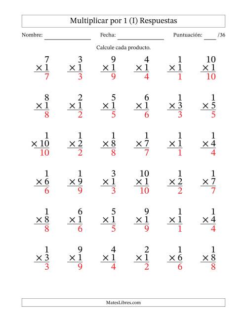 La hoja de ejercicios de Multiplicar (Factores de 1 a 10) por 1 (36 Preguntas) (I) Página 2