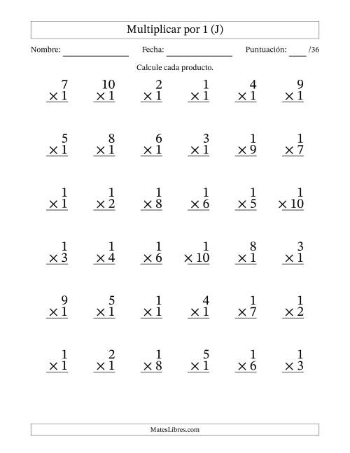 La hoja de ejercicios de Multiplicar (Factores de 1 a 10) por 1 (36 Preguntas) (J)