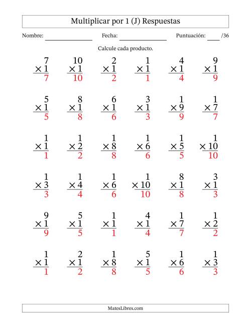 La hoja de ejercicios de Multiplicar (Factores de 1 a 10) por 1 (36 Preguntas) (J) Página 2