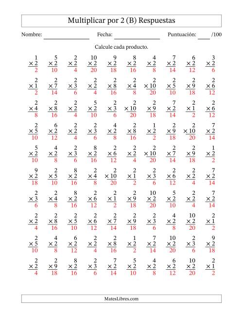 La hoja de ejercicios de Multiplicar (Factores de 1 a 10) por 2 (100 Preguntas) (B) Página 2