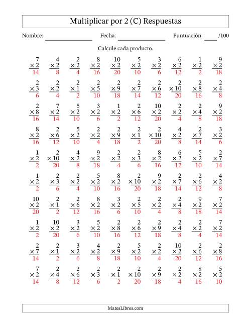 La hoja de ejercicios de Multiplicar (Factores de 1 a 10) por 2 (100 Preguntas) (C) Página 2