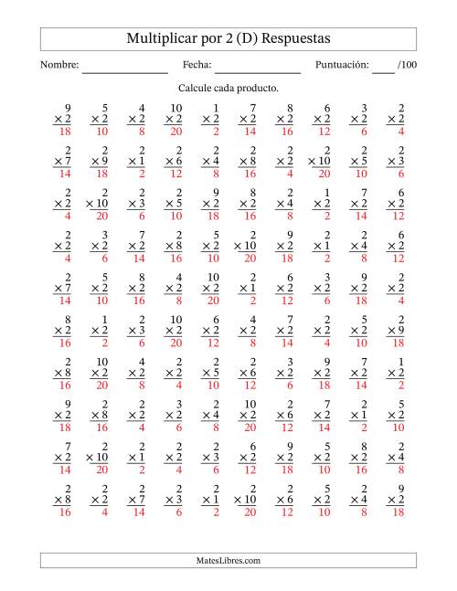 La hoja de ejercicios de Multiplicar (Factores de 1 a 10) por 2 (100 Preguntas) (D) Página 2