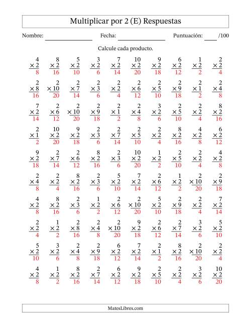 La hoja de ejercicios de Multiplicar (Factores de 1 a 10) por 2 (100 Preguntas) (E) Página 2