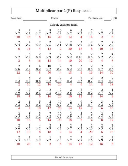 La hoja de ejercicios de Multiplicar (Factores de 1 a 10) por 2 (100 Preguntas) (F) Página 2