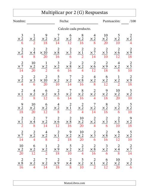 La hoja de ejercicios de Multiplicar (Factores de 1 a 10) por 2 (100 Preguntas) (G) Página 2