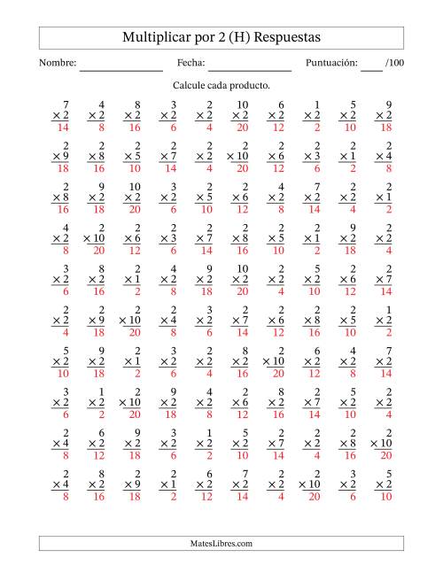 La hoja de ejercicios de Multiplicar (Factores de 1 a 10) por 2 (100 Preguntas) (H) Página 2