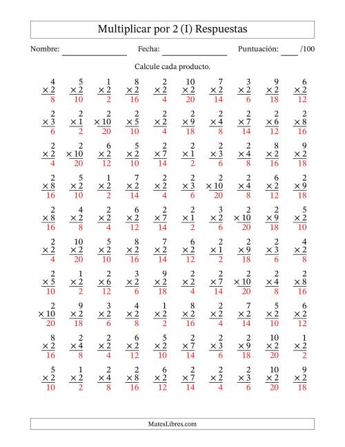 La hoja de ejercicios de Multiplicar (Factores de 1 a 10) por 2 (100 Preguntas) (I) Página 2