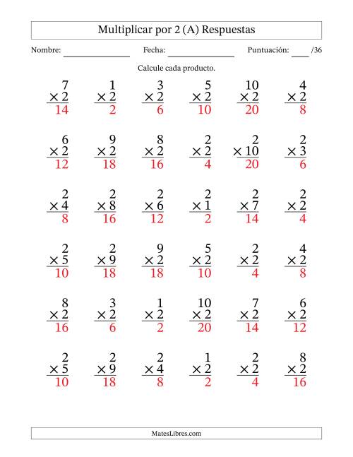La hoja de ejercicios de Multiplicar (Factores de 1 a 10) por 2 (36 Preguntas) (A) Página 2