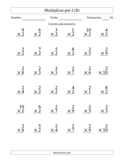 La hoja de ejercicios de Multiplicar (Factores de 1 a 10) por 2 (36 Preguntas) (B)