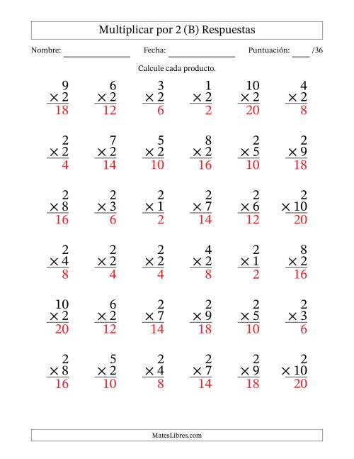 La hoja de ejercicios de Multiplicar (Factores de 1 a 10) por 2 (36 Preguntas) (B) Página 2
