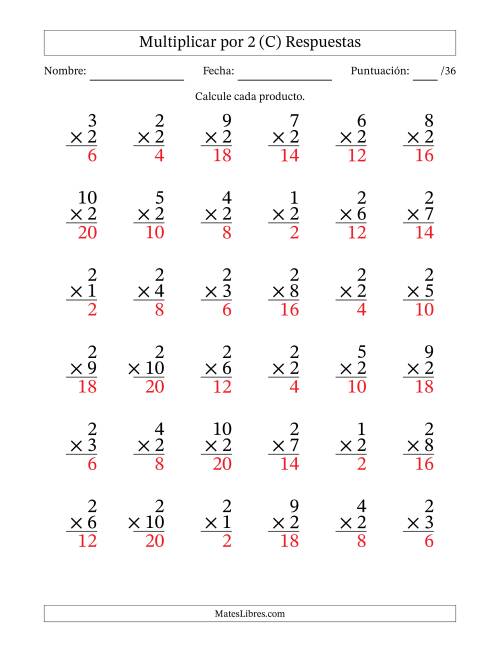 La hoja de ejercicios de Multiplicar (Factores de 1 a 10) por 2 (36 Preguntas) (C) Página 2