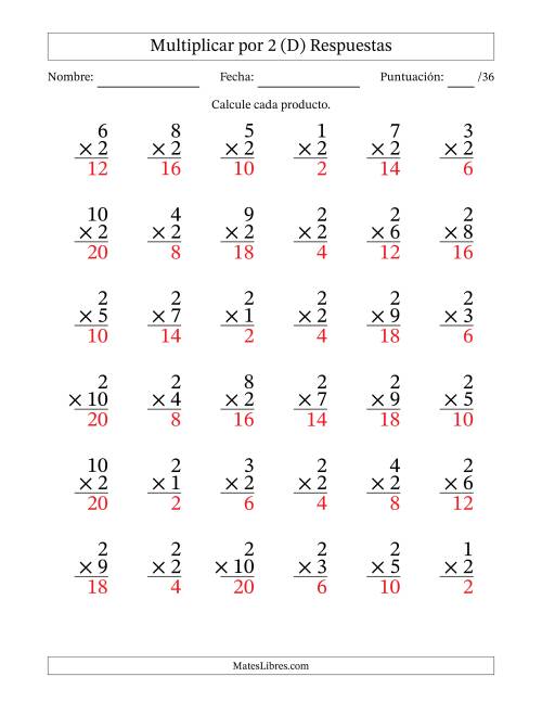 La hoja de ejercicios de Multiplicar (Factores de 1 a 10) por 2 (36 Preguntas) (D) Página 2